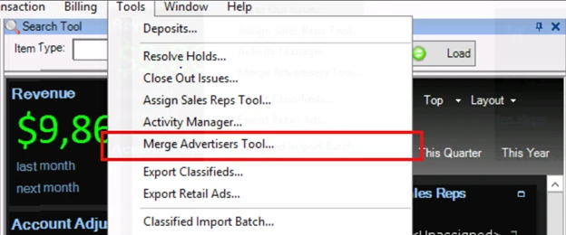 The AccountScout Merge Advertisers tool, showing two advertiser records selected for consolidation