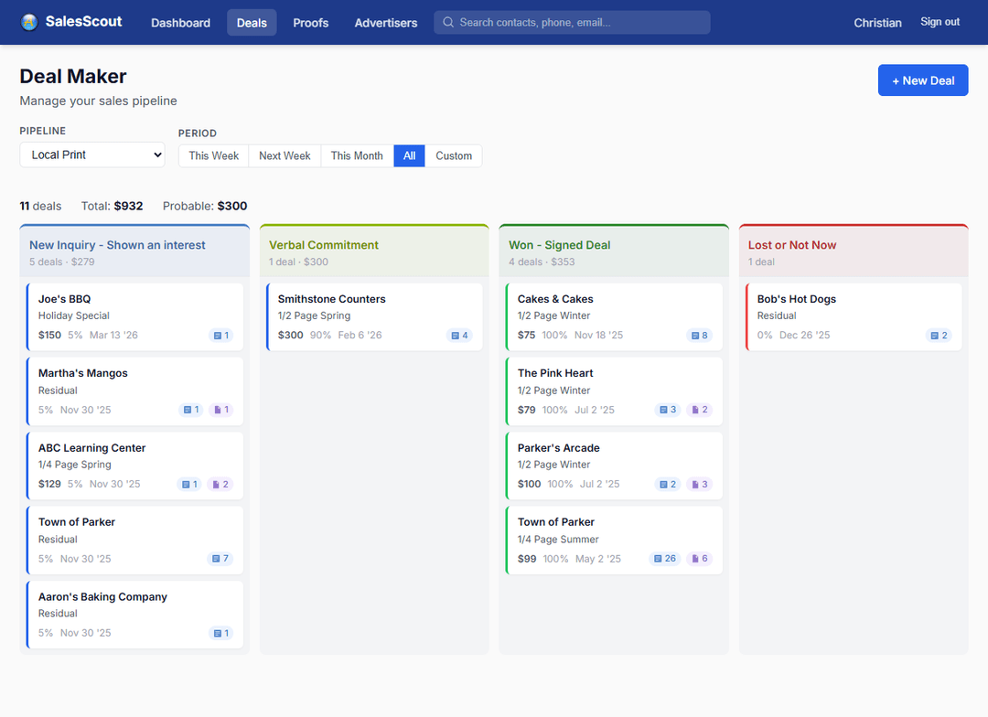 The SalesScout Deal Maker board: a pipeline and period filter above deal and value totals, then four colour-coded columns - new inquiry, verbal commitment, won, and lost - each holding cards that name the advertiser, the ad, its value, its probability and its close date.