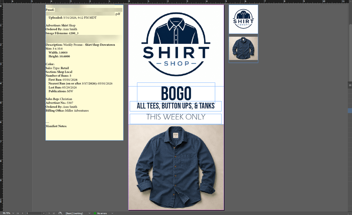 AdScout working inside Adobe InDesign: a panel of order detail on the left listing the advertiser, who ordered it, the ad size, section, number of runs and run dates; the ad itself being built in the centre from the advertiser's logo and product photograph; the linked assets beside it; and the AdScout script menu open on the right.