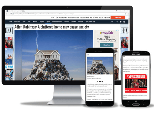 A Foundry-published news site shown on a desktop monitor, an iPhone and an Android phone at once: the same article, sections and display advertising reflowing to each screen.