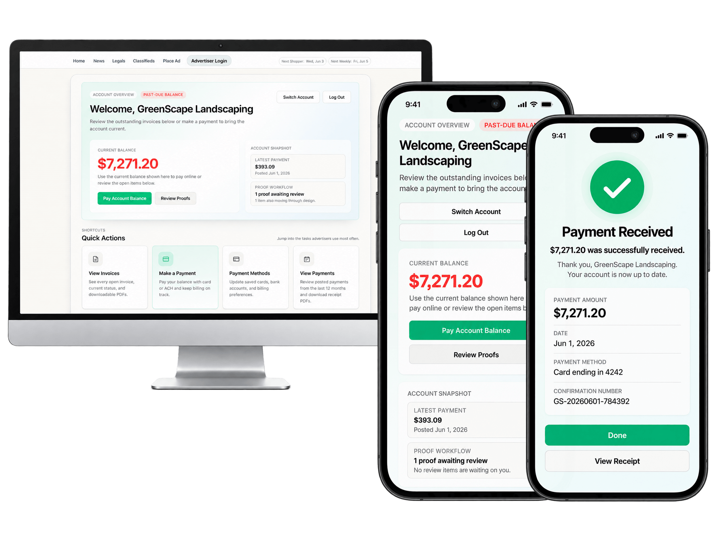 The Advertiser Portal on a desktop monitor and two phones: an account overview flagging a past-due balance with quick actions for invoices, payments, and proofs, beside a card payment screen and a proof approval screen.