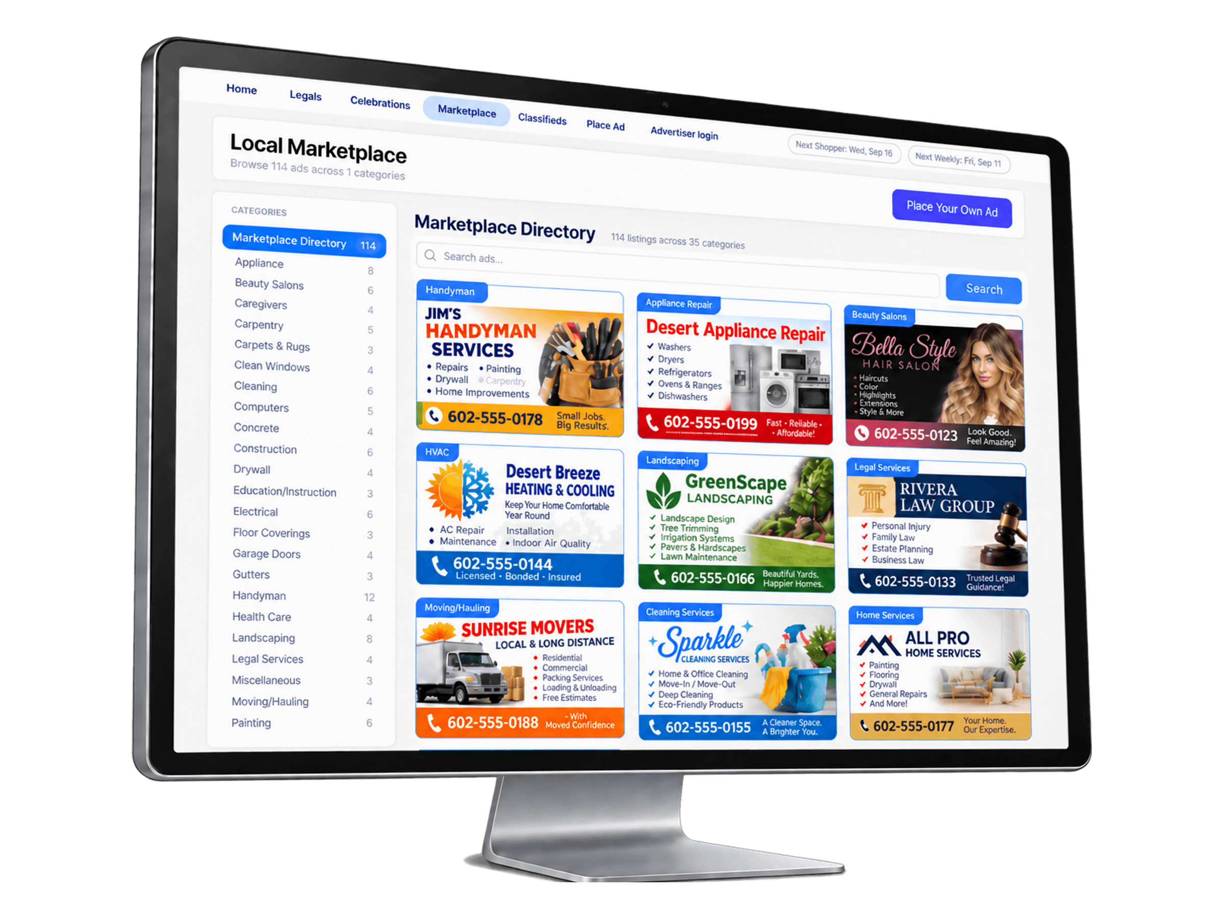 The ClassifiedScout marketplace on a desktop monitor: a Local Marketplace directory with a category rail down the left listing categories and their ad counts, and classified listings with photos, prices, and locations.
