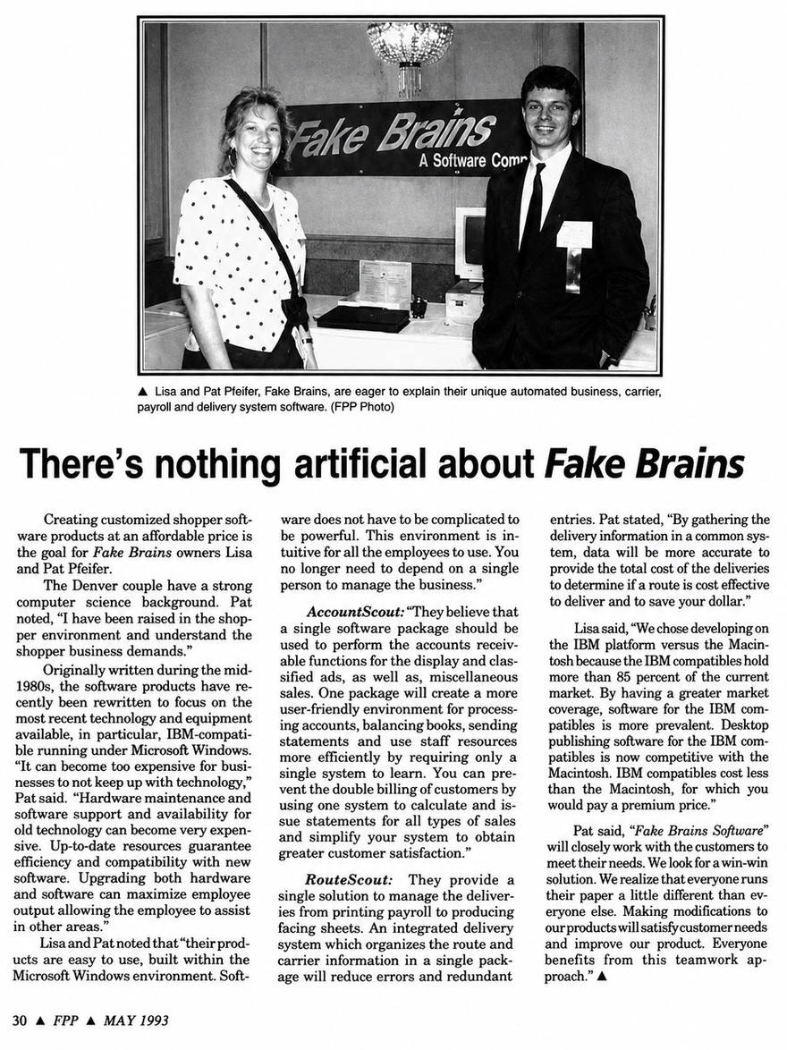 May 1993 FPP trade-magazine article profiling Fake Brains.